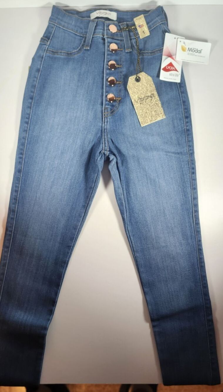Vibrant MIU Jeans Women's Blue Solid Skinny Copper Buttons Size 1 NWT
